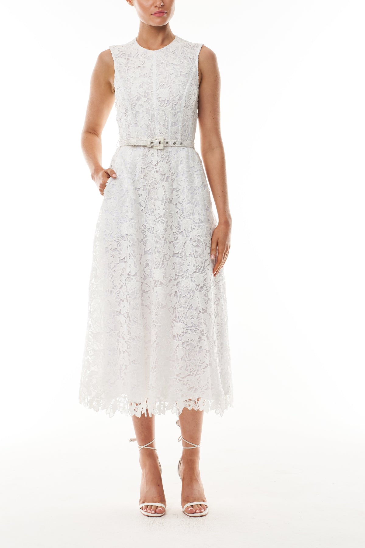 Silk White Belted Lace Dress