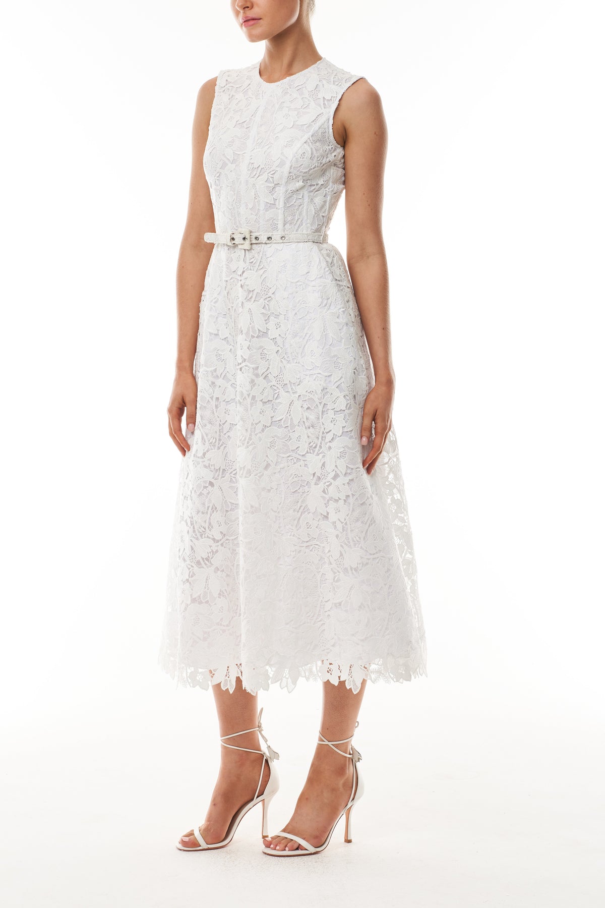 Silk White Belted Lace Dress