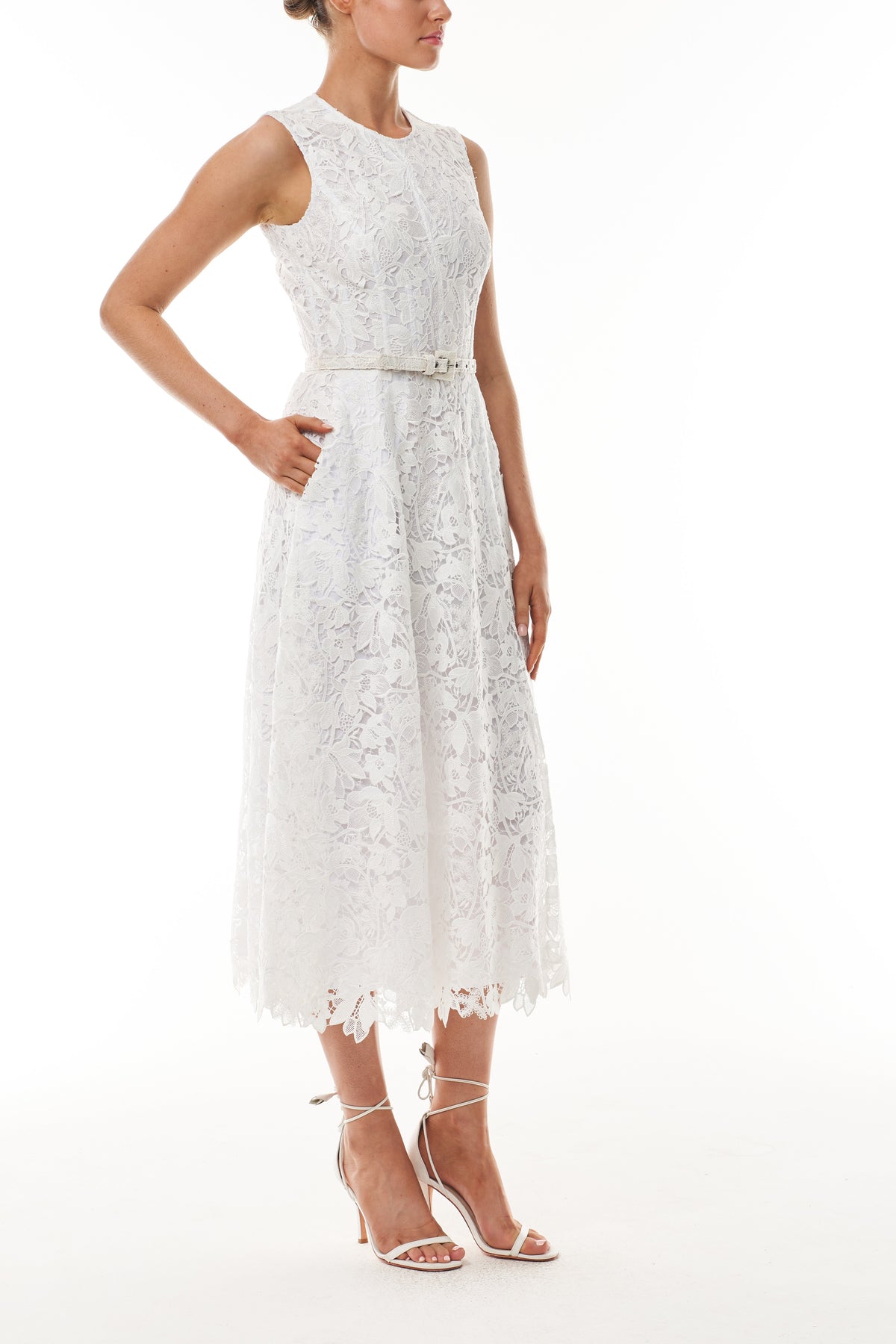 Silk White Belted Lace Dress
