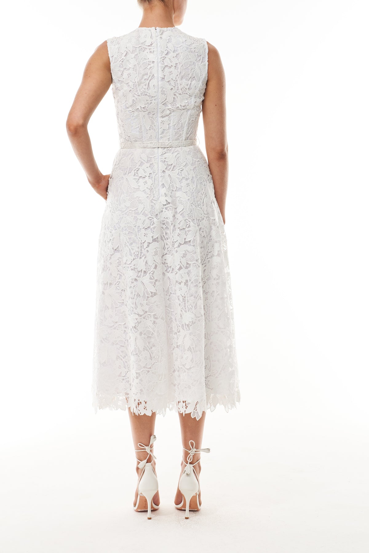 Silk White Belted Lace Dress