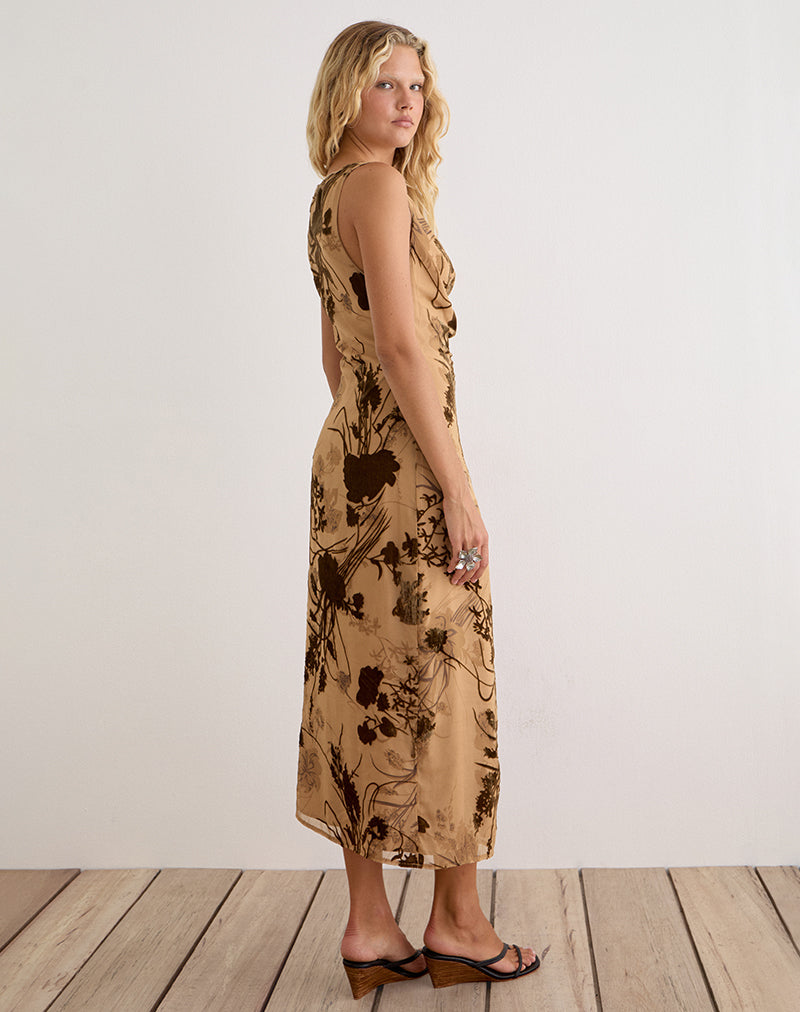 Tana Cowl Maxi Dress in Floral Devore Beige