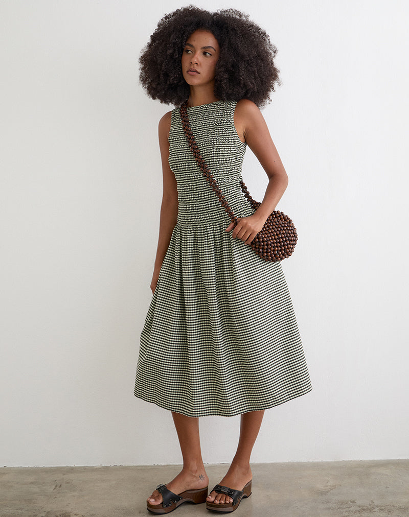 Undine Midi Dress in Mini Gingham Dark Green