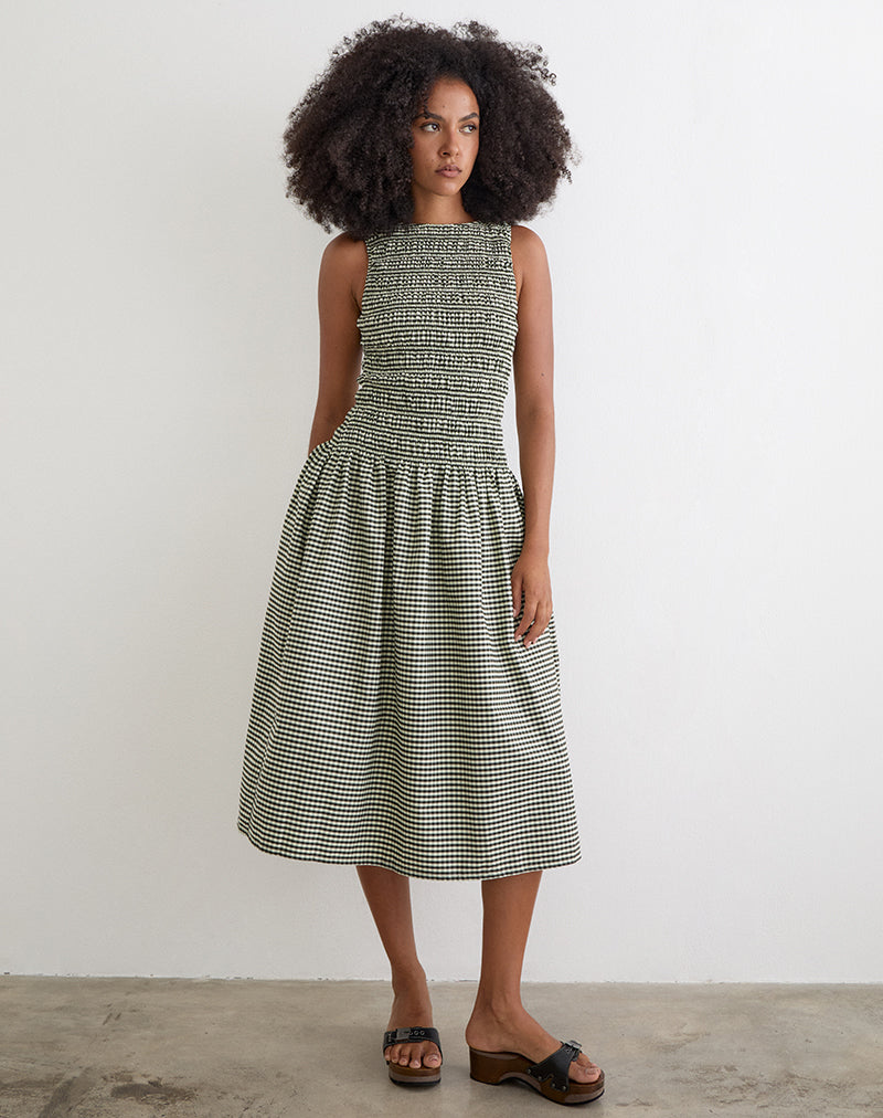 Undine Midi Dress in Mini Gingham Dark Green