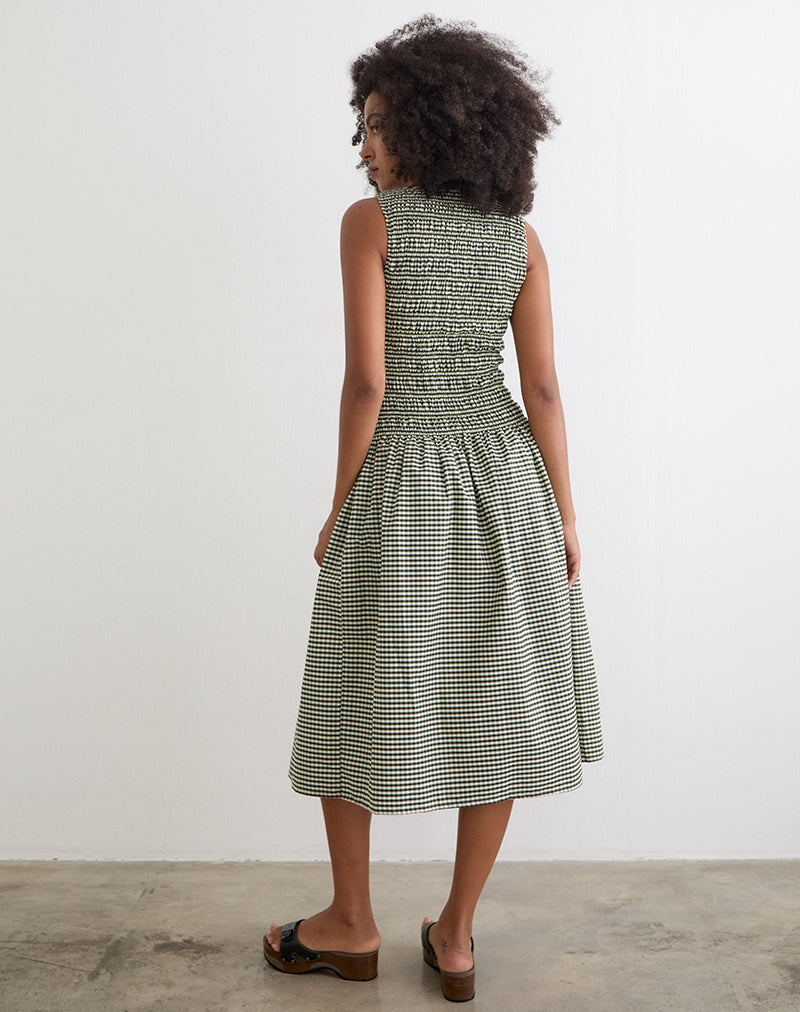 Undine Midi Dress in Mini Gingham Dark Green