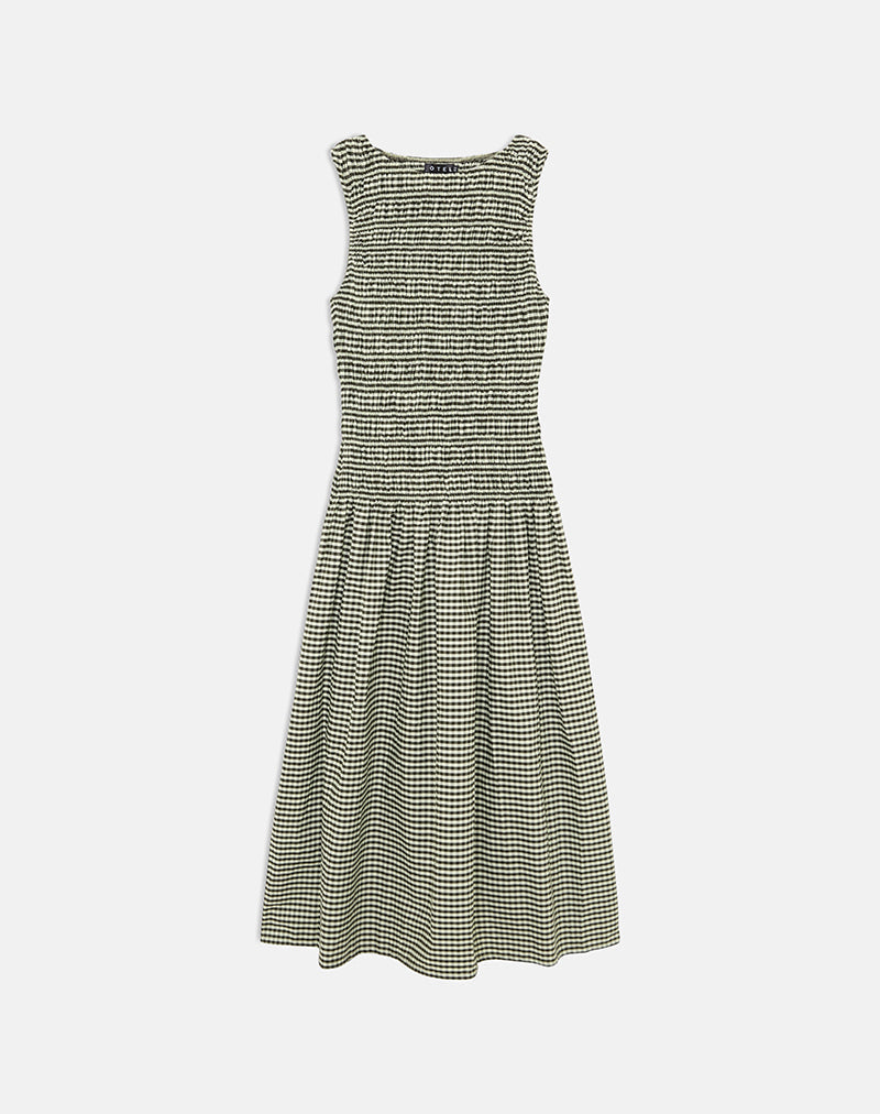Undine Midi Dress in Mini Gingham Dark Green