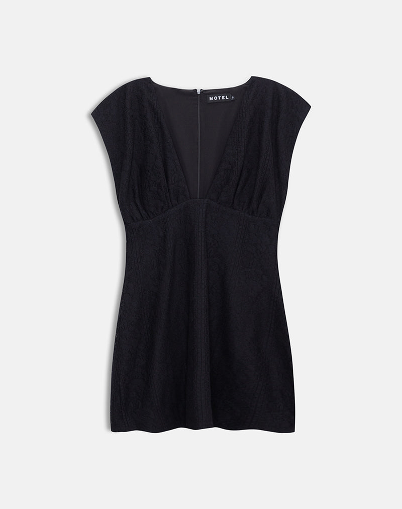 Yenna Plunge Mini Dress in Floral Lace Black