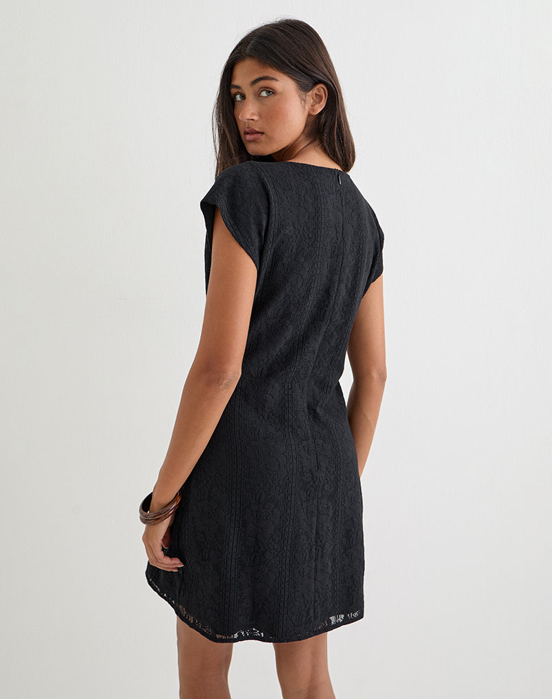 Yenna Plunge Mini Dress in Floral Lace Black