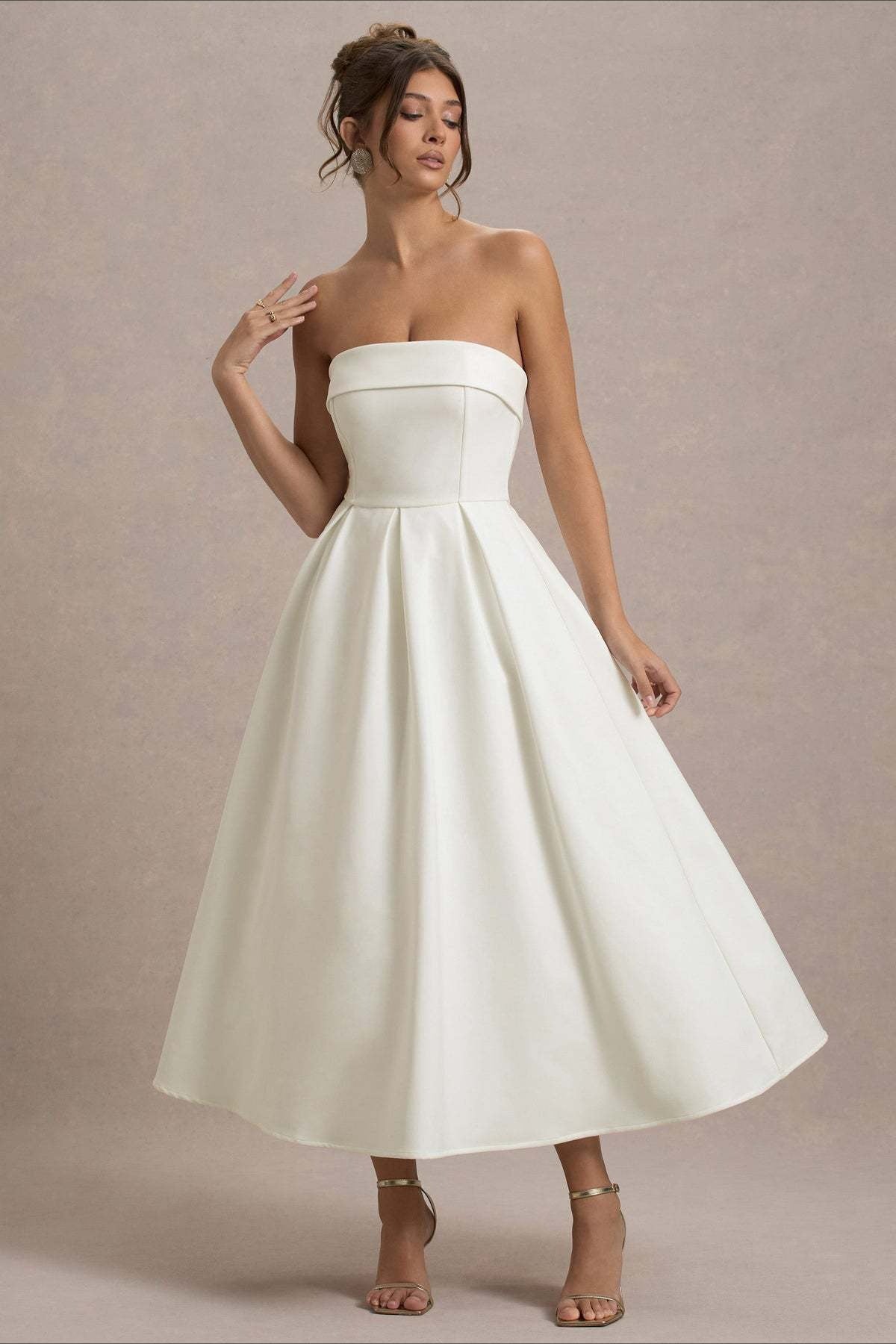 Mikayla | Women's Foldover Neck Strapless Pleated Midi Evening Party Dress