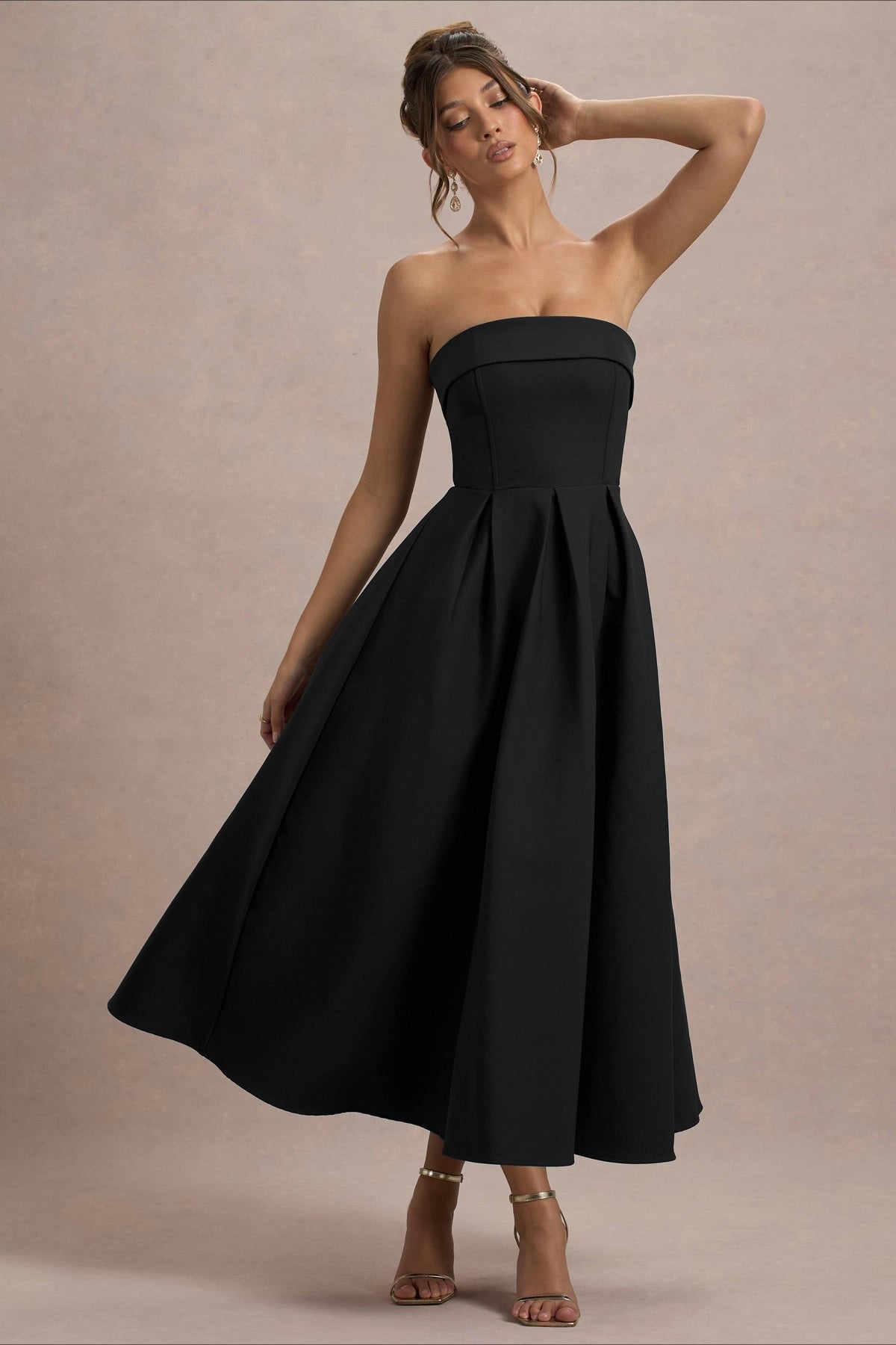 Mikayla | Women's Foldover Neck Strapless Pleated Midi Evening Party Dress