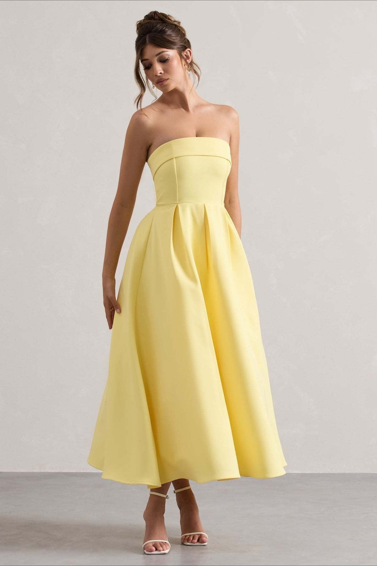 Mikayla | Women's Foldover Neck Strapless Pleated Midi Evening Party Dress