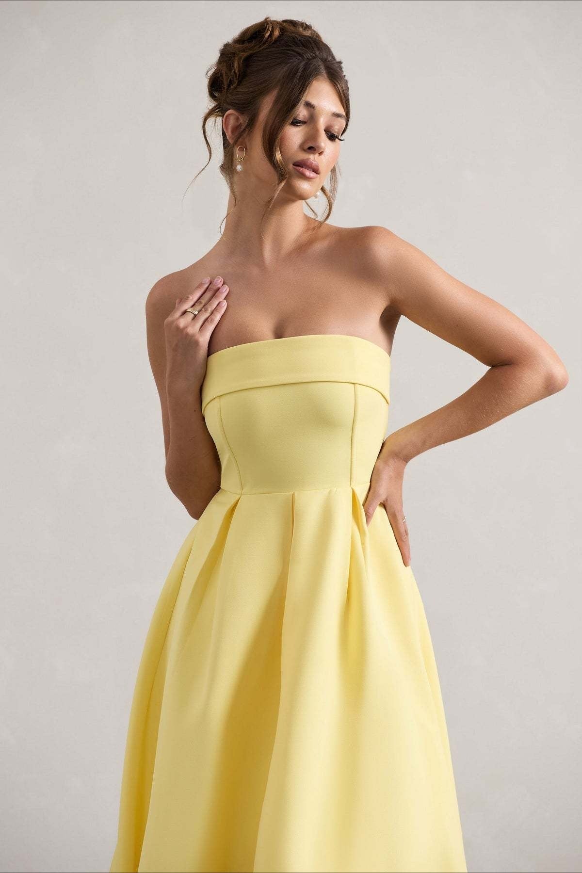 Mikayla | Women's Foldover Neck Strapless Pleated Midi Evening Party Dress