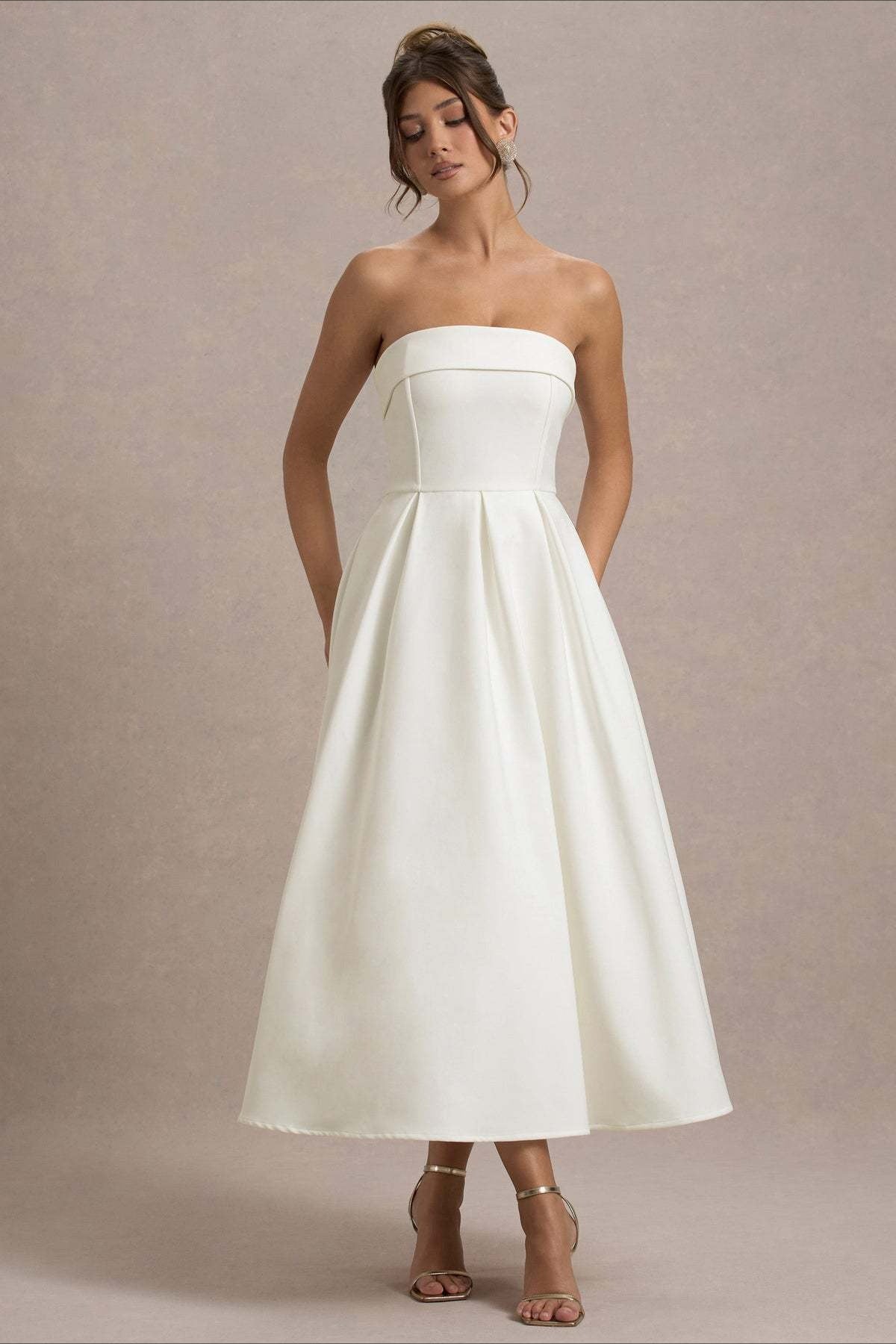 Mikayla | Women's Foldover Neck Strapless Pleated Midi Evening Party Dress