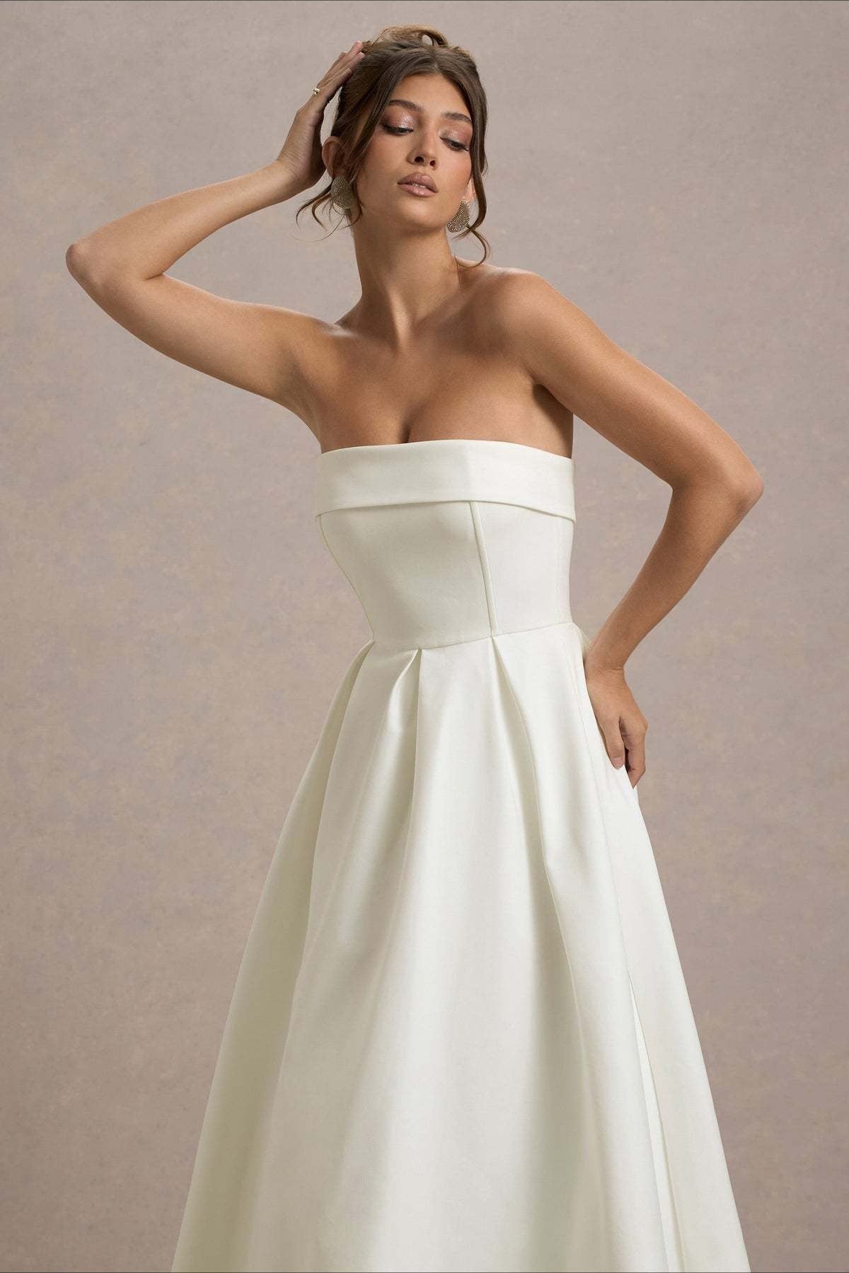 Mikayla | Women's Foldover Neck Strapless Pleated Midi Evening Party Dress