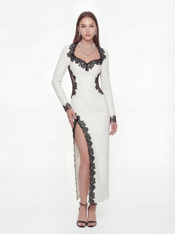 Adriana Lace Trim High-Slit Ivory Acetate Dress (Final Sale)