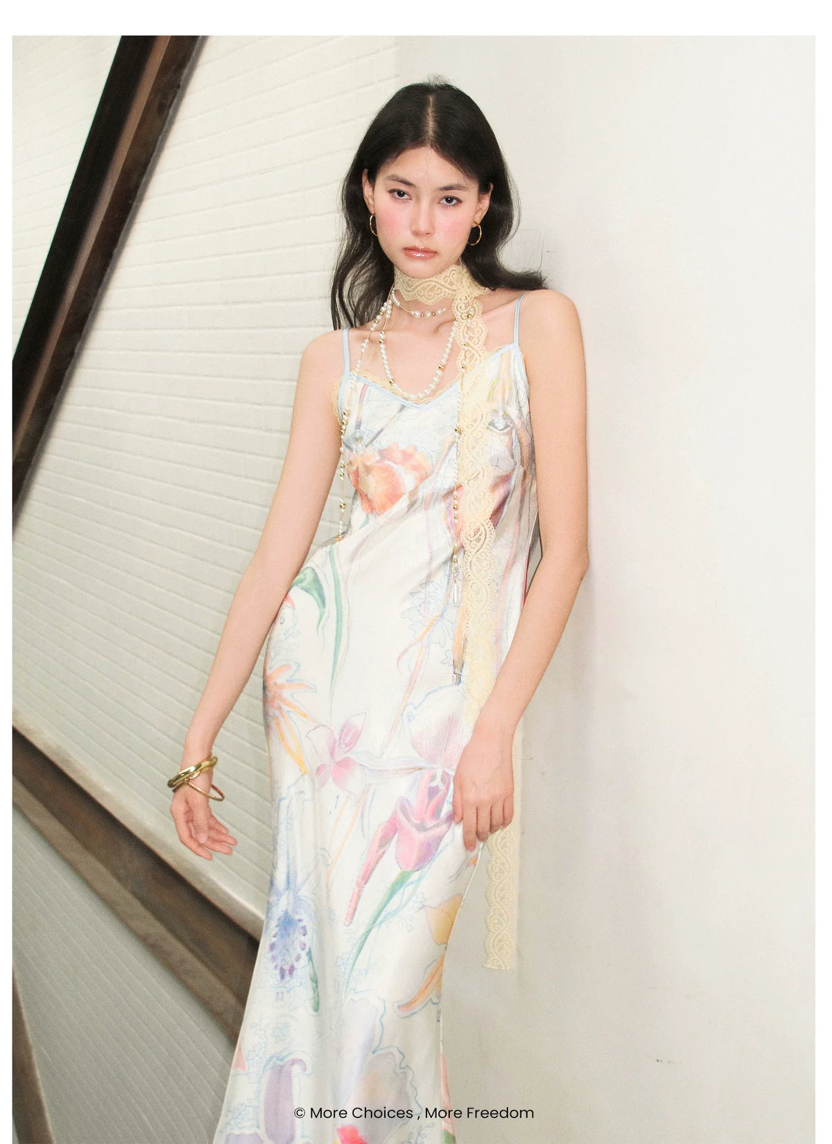 Botanical Print Bias-Cut Camisole Long Dress