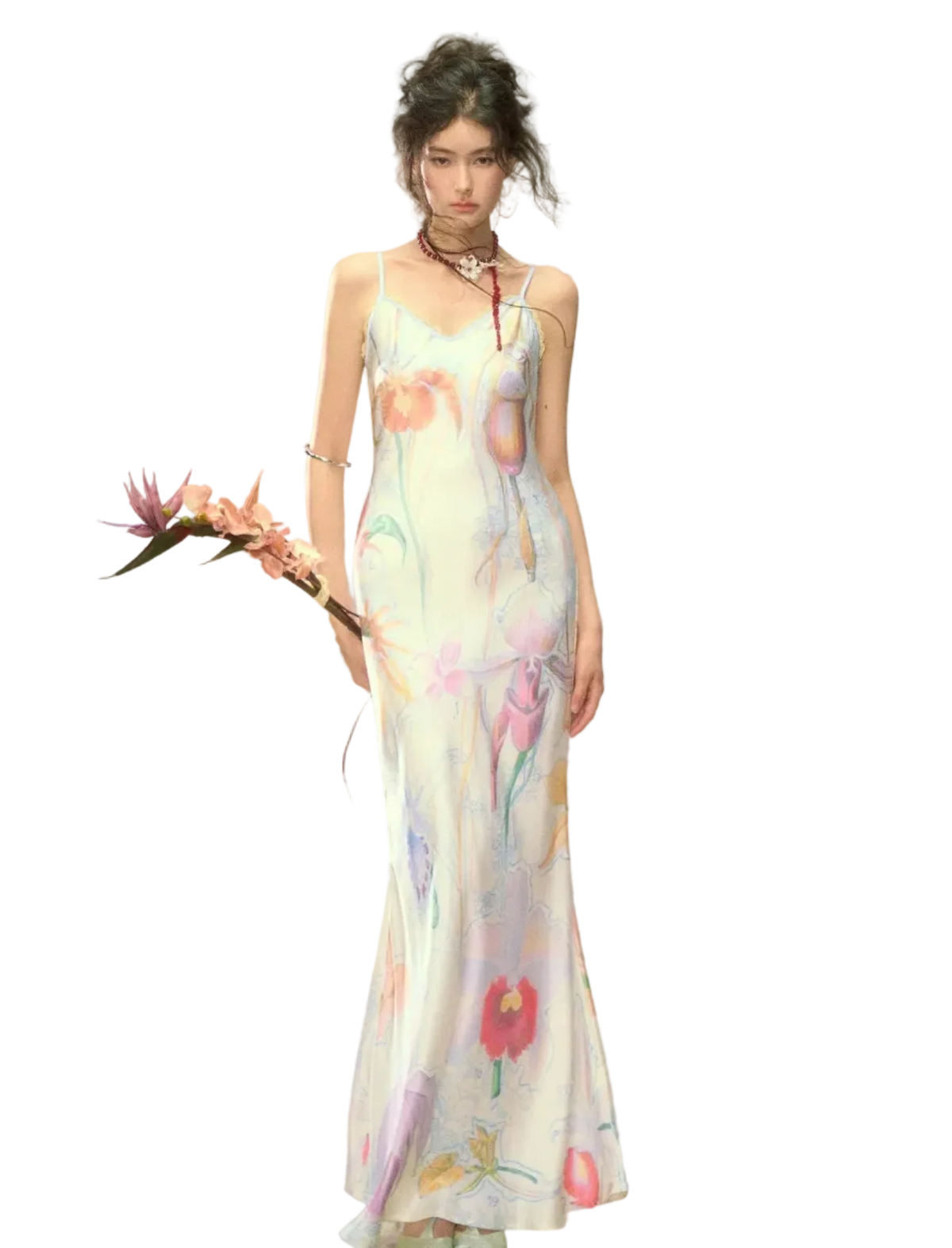Botanical Print Bias-Cut Camisole Long Dress