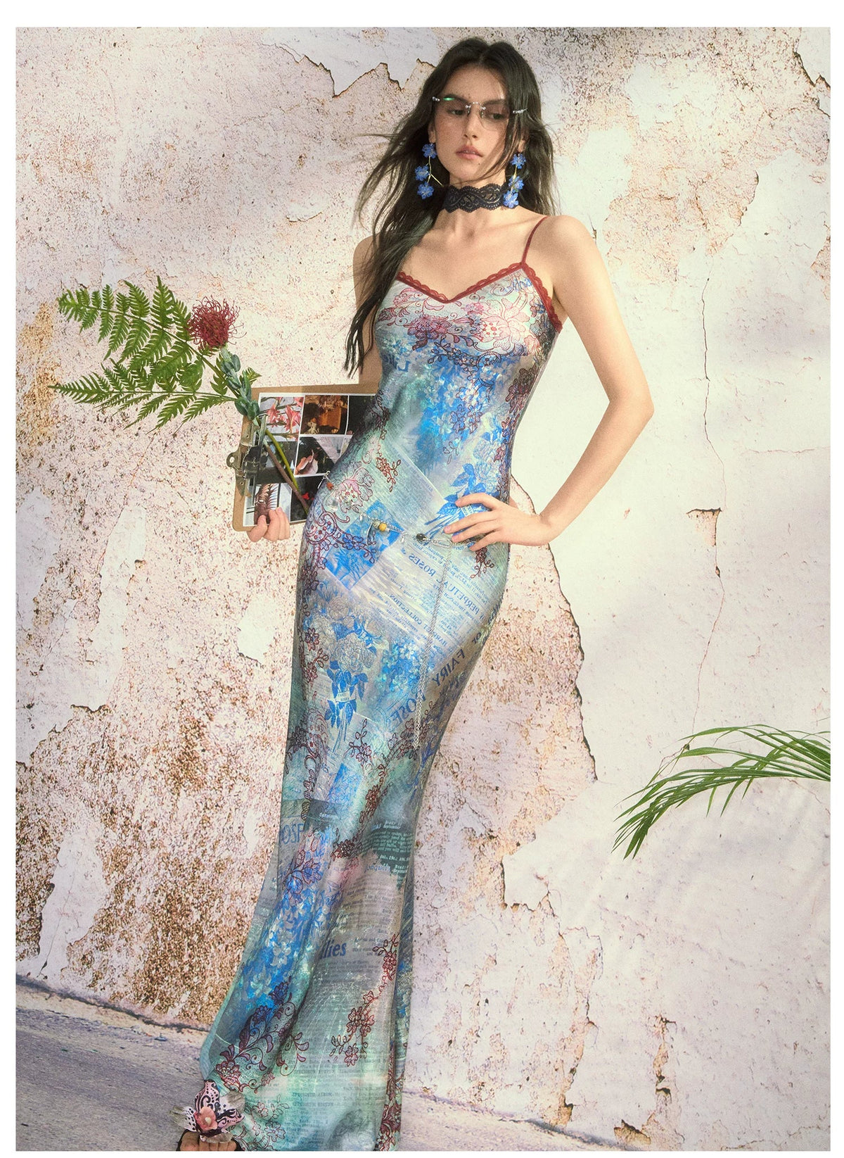 Botanical Print Bias-Cut Camisole Long Dress
