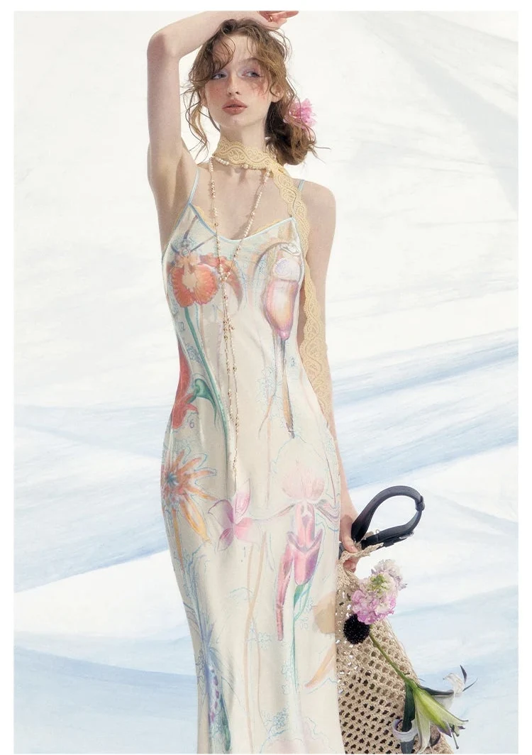 Botanical Print Bias-Cut Camisole Long Dress