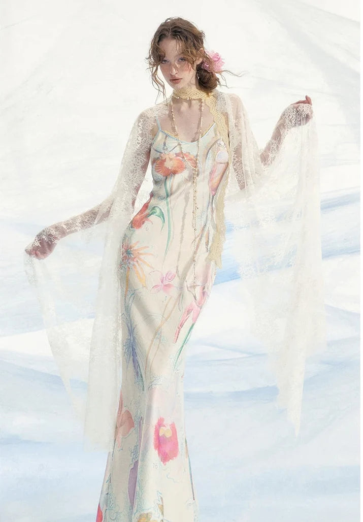 Botanical Print Bias-Cut Camisole Long Dress