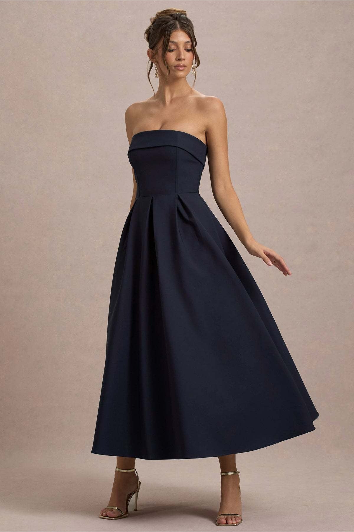 Mikayla | Women's Foldover Neck Strapless Pleated Midi Evening Party Dress