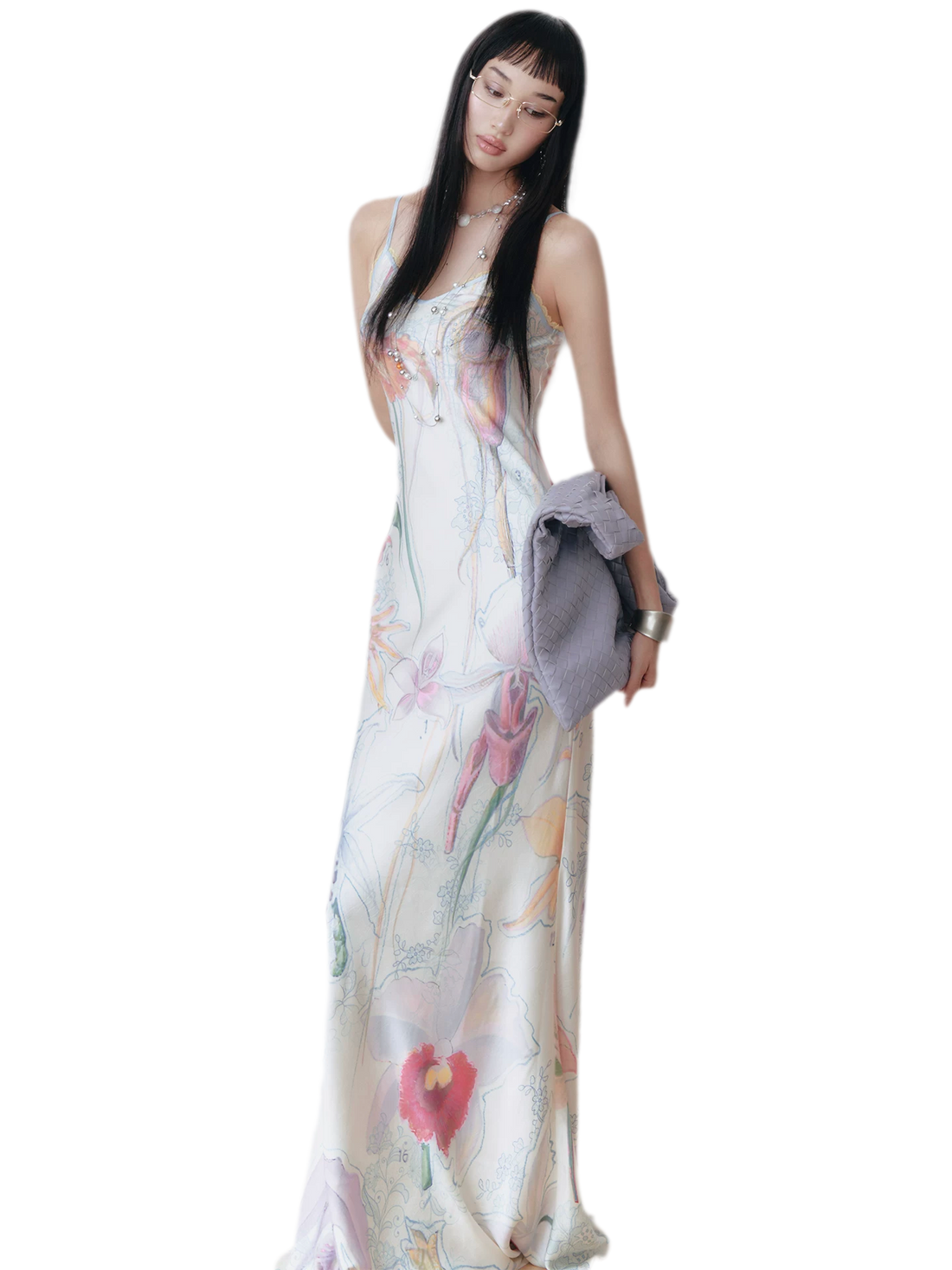 Botanical Print Bias-Cut Camisole Long Dress