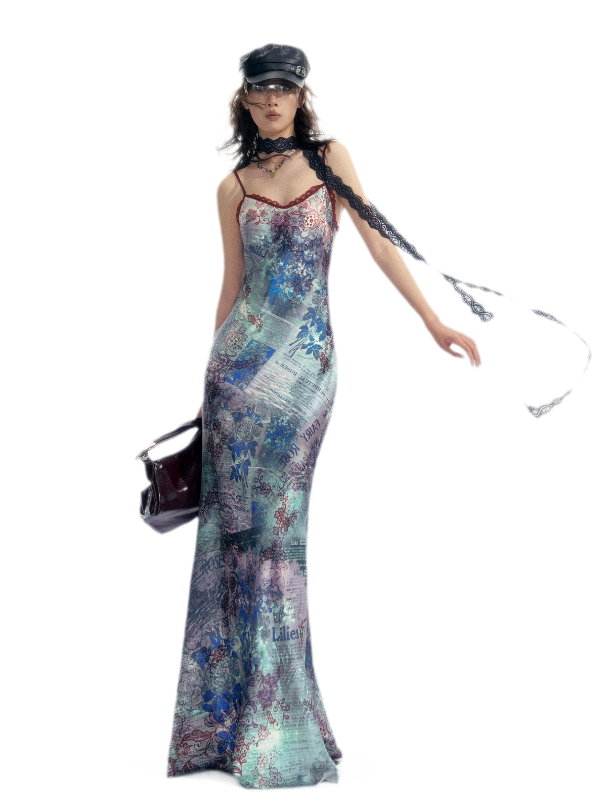 Botanical Print Bias-Cut Camisole Long Dress